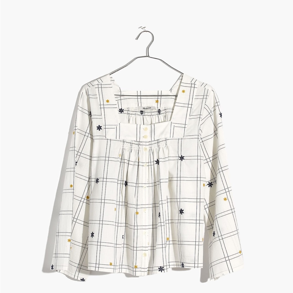 Madewell Embroidered Windowpane Square-neck Button-down Top